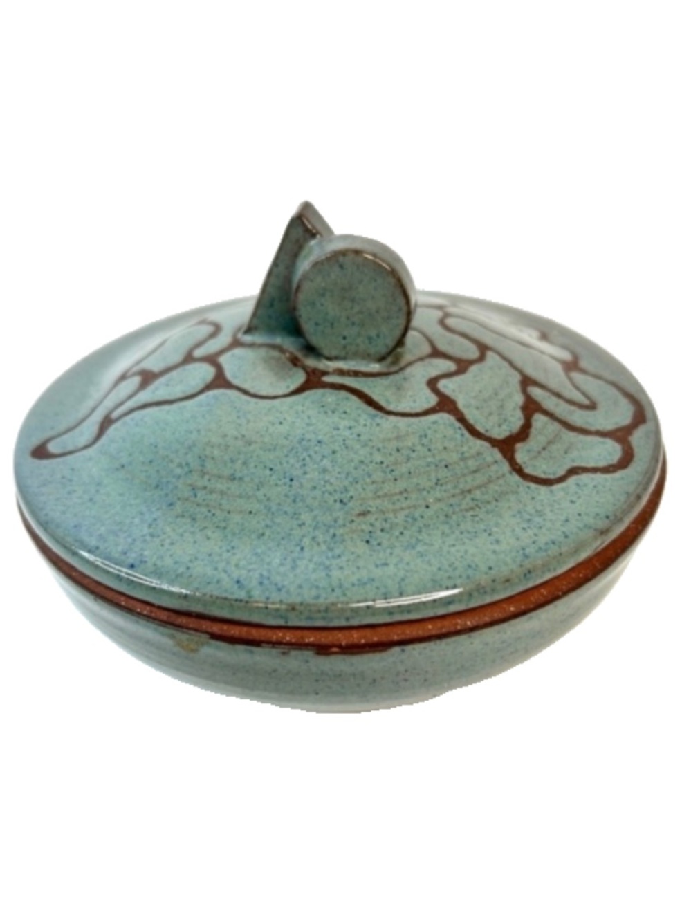 Blue Brown Marked Glazed Pottery Dish With Lid Circle and Triangle Handle